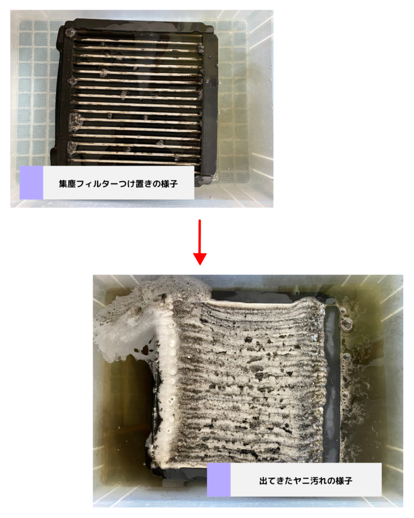 Airdog集塵フィルターのつけ置き洗浄でタバコのヤニ汚れが出てきた様子