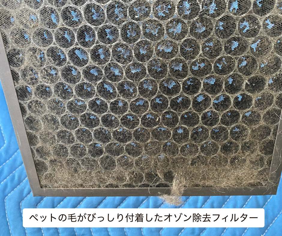 ペットの毛が詰まったAirdogオゾン除去フィルターの様子