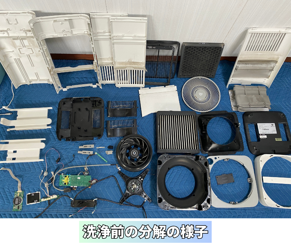 Airdogを分解した洗浄前のパーツ一式。内部のフィルターや基板、ファンなどが並べられている様子