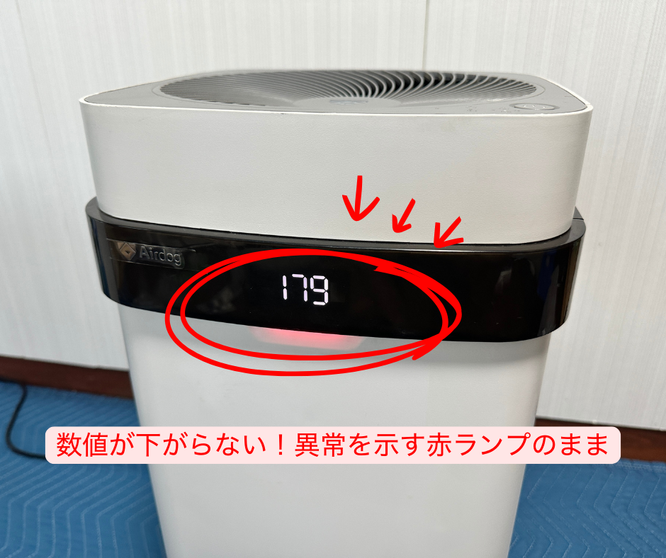 Airdogの数値が179から下がらず、断線と汚れたワイヤーが原因でパチパチ音が発生している様子