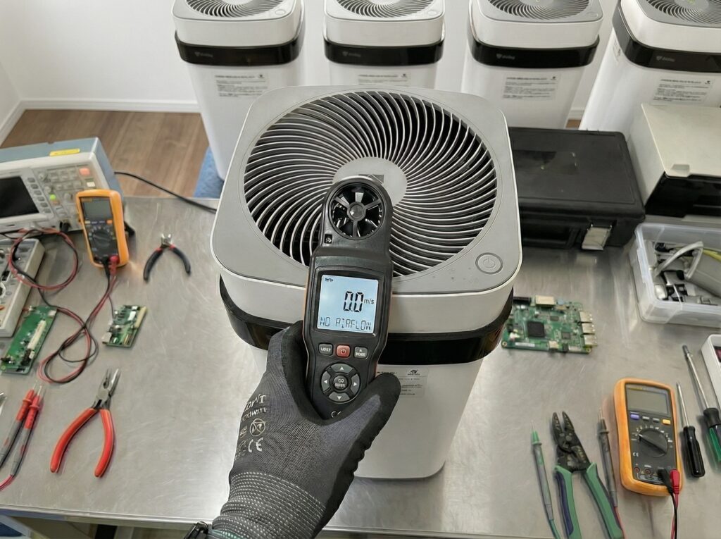 Airdogのファン風速を風速計で測定している修理動作確認の様子