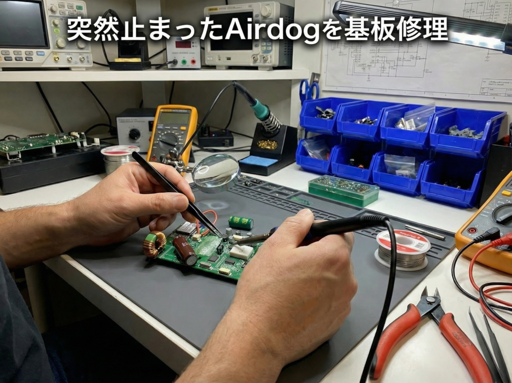 突然止まったAirdogの制御基板を修理している作業風景