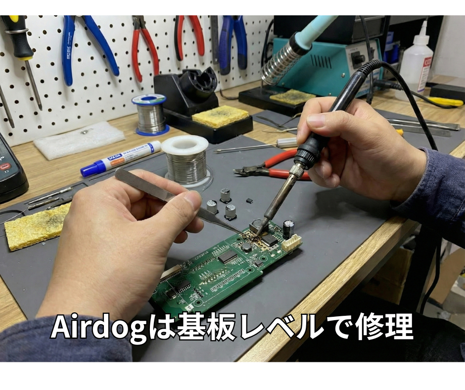 Airdogの基板をはんだ修理している作業の様子