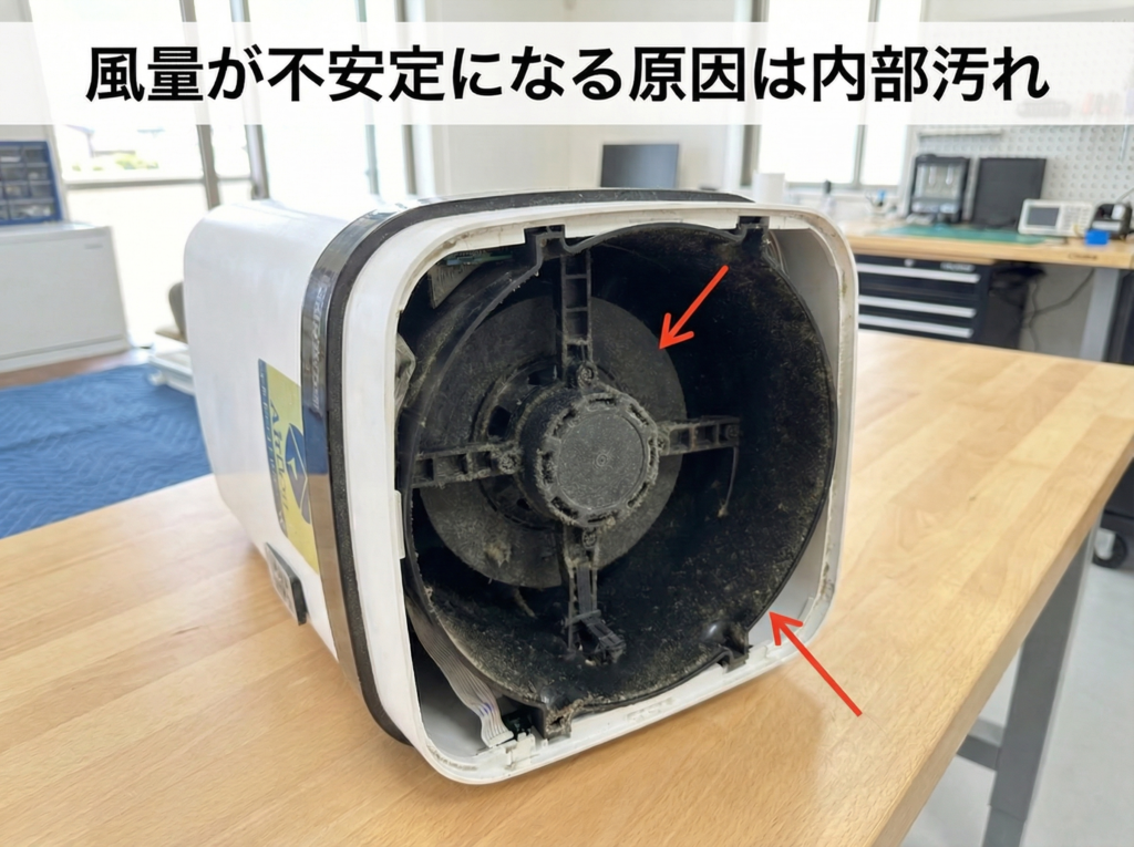 Airdog内部の汚れ｜風量が不安定になる原因となるファン周辺の汚れ